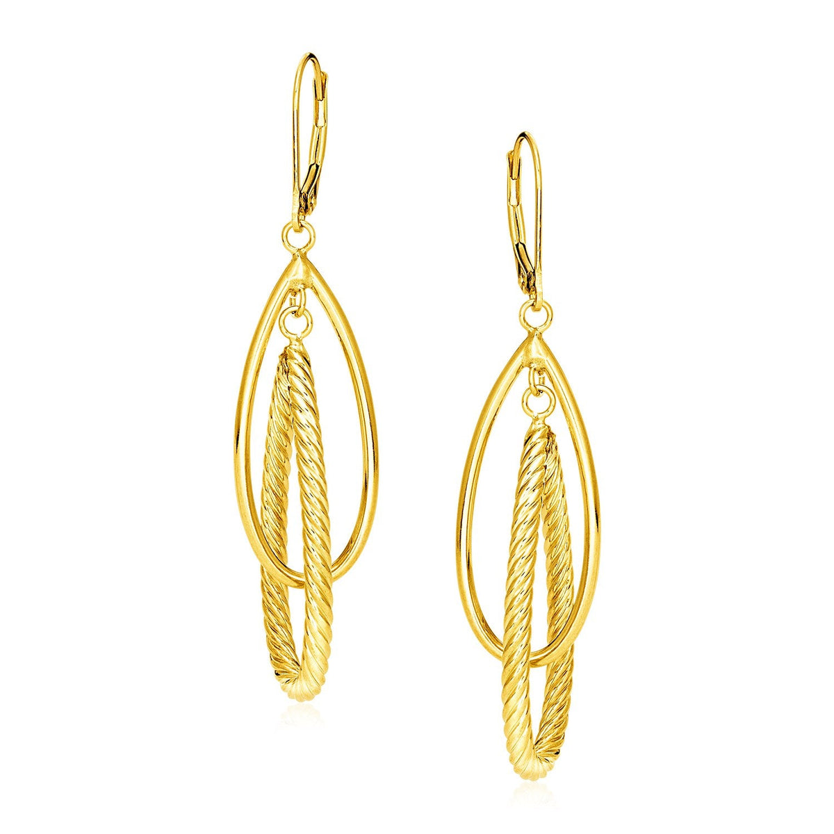 14k yellow gold dangle earrings with polished and rope-textured teardrops by Avera Group