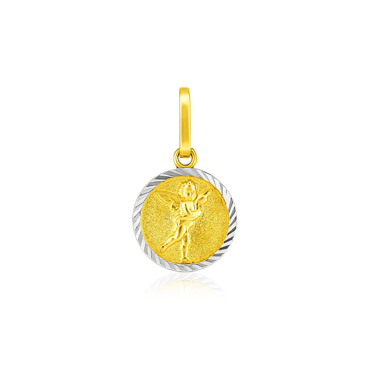 14k two-tone gold small round religious medal pendant with textured edge by Avera Group