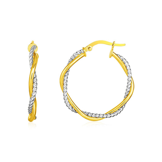14k yellow and white gold two-part textured twisted round hoop earrings by Avera Group