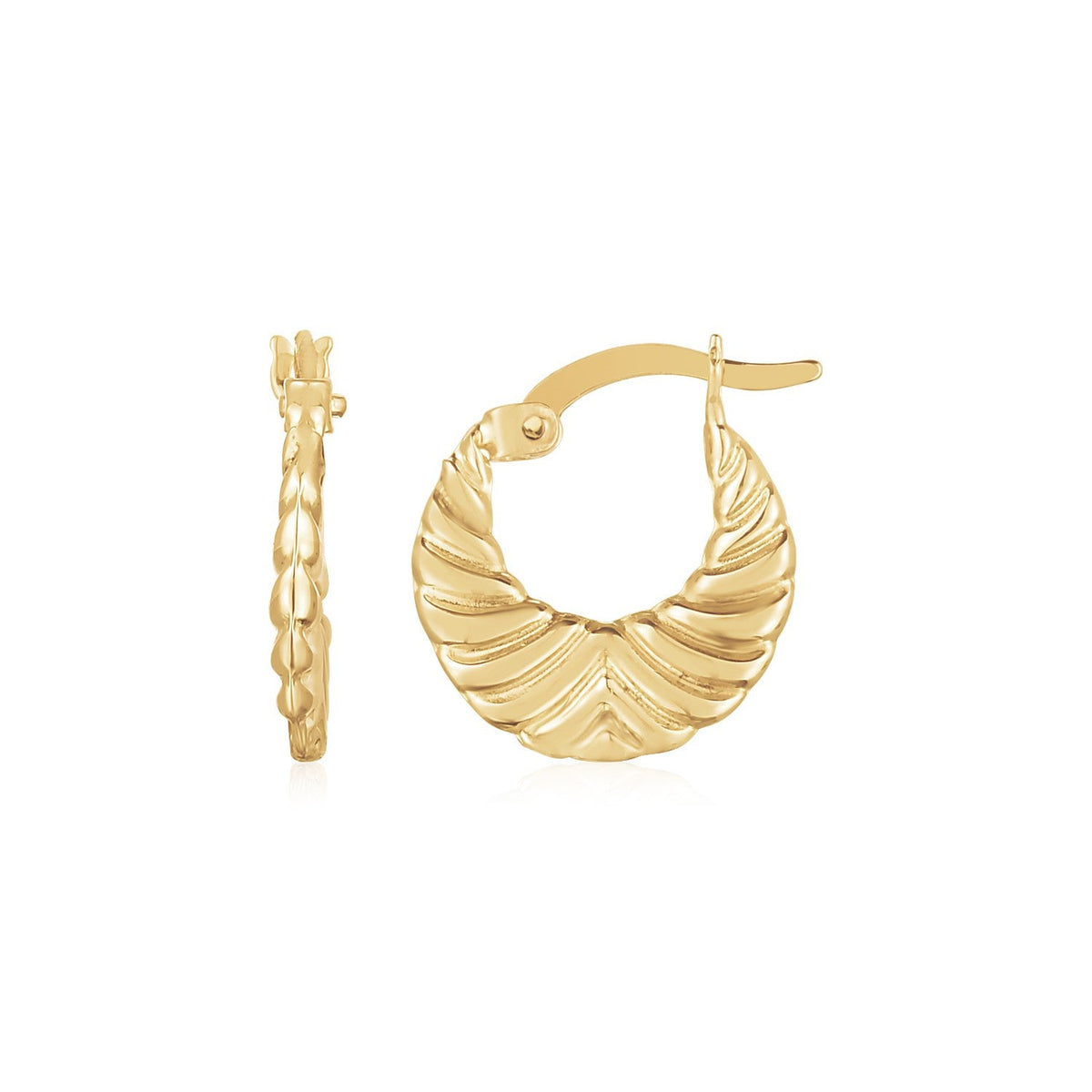 14k yellow gold graduated grooved fancy hoop earrings by Avera Group