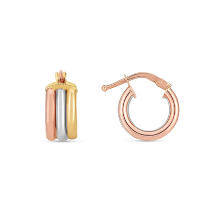 14k tri-color gold trilogy hoop earrings, high polish, by Avera Group