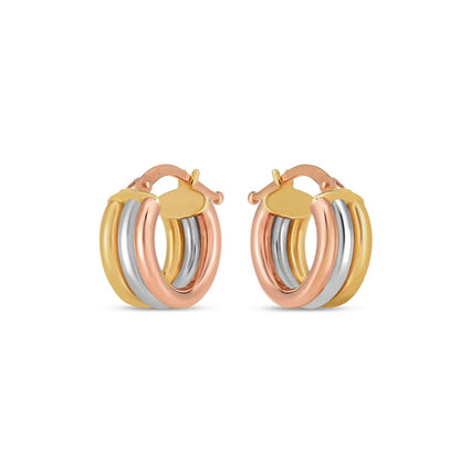 14k tri-color gold trilogy hoop earrings, high polish, by Avera Group, view 2