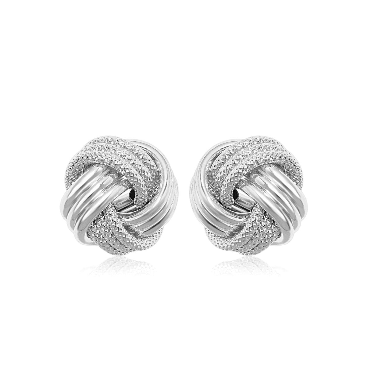 14k white gold love knot earrings with ridge texture, Avera Group