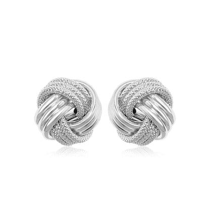 14k white gold love knot earrings with ridge texture, Avera Group
