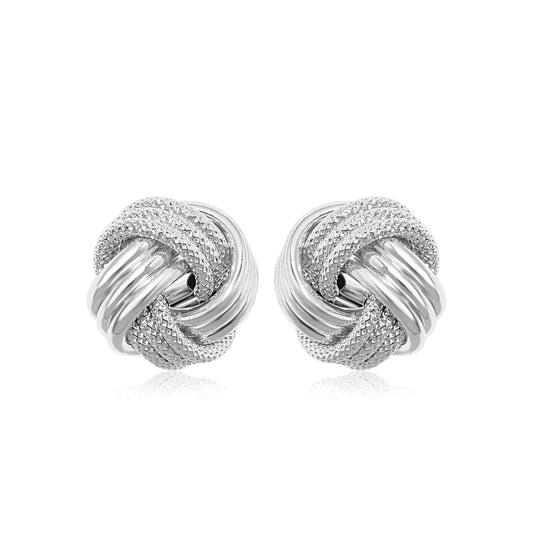 14k white gold love knot earrings with ridge texture, Avera Group
