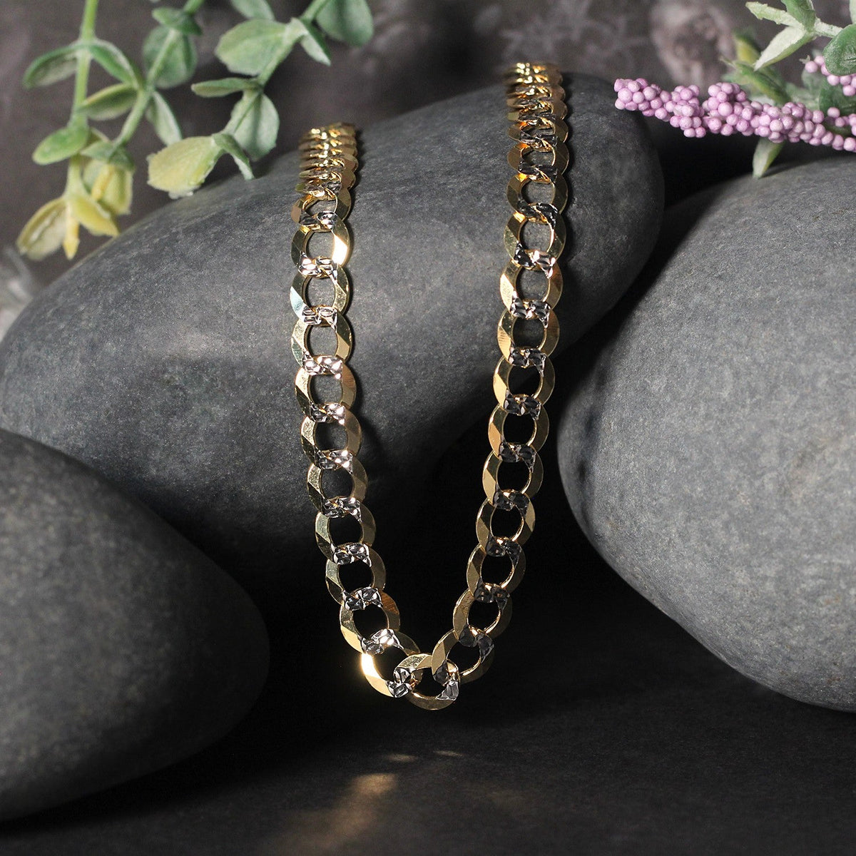 14k two-tone gold pave curb chain, 7mm, by Avera Group, view 3
