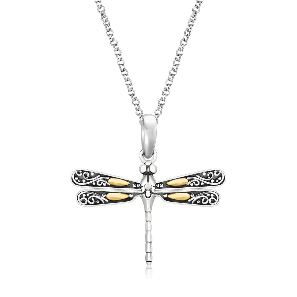 18k yellow gold and sterling silver dragonfly pendant necklace, 18 inch by Avera Group