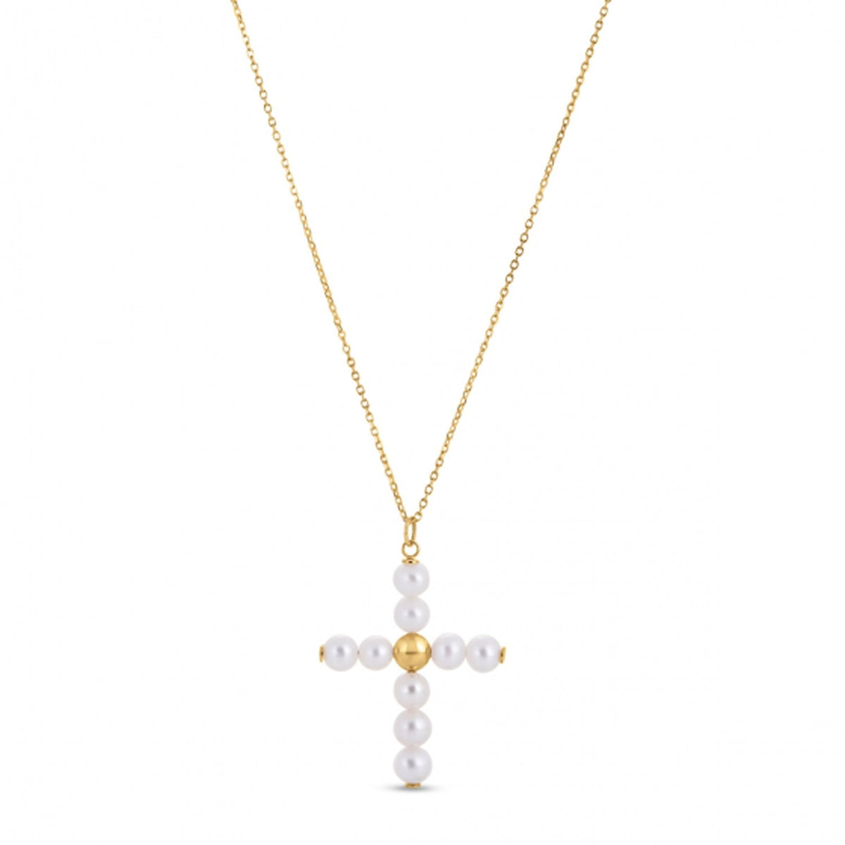 14k yellow gold pearl and bead cross pendant necklace by Avera Group