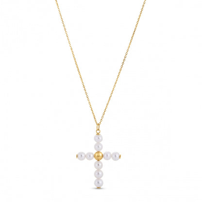 14k yellow gold pearl and bead cross pendant necklace by Avera Group