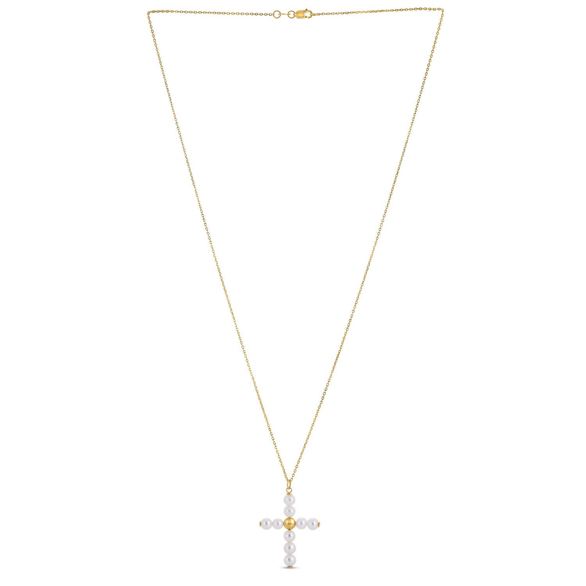 14k yellow gold pearl and bead cross pendant necklace, Avera Group, view 2