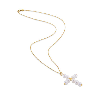 14k yellow gold pearl and bead cross pendant necklace, Avera Group, view 3