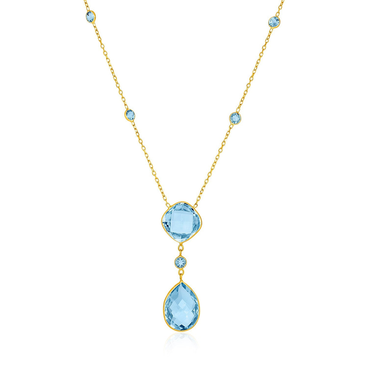 14k yellow gold necklace with pear-shaped and cushion blue topaz briolettes by Avera Group