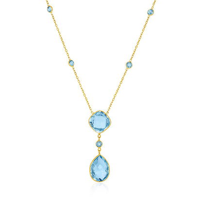 14k yellow gold necklace with pear-shaped and cushion blue topaz briolettes by Avera Group