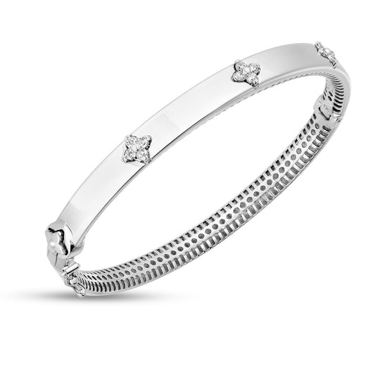 14k white gold trilogy bangle with round diamonds by Avera Group, view 2