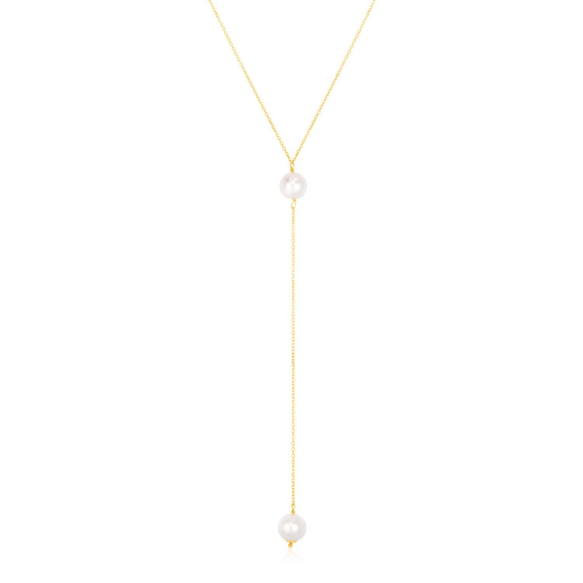 14k yellow gold lariat necklace with two pearls by Avera Group