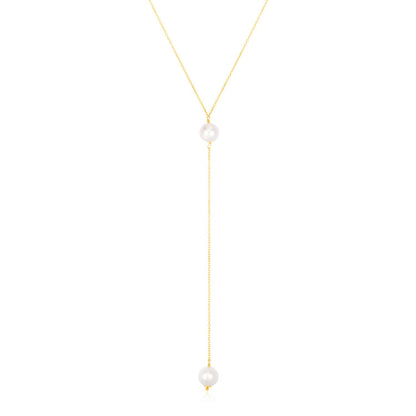 14k yellow gold lariat necklace with two pearls by Avera Group