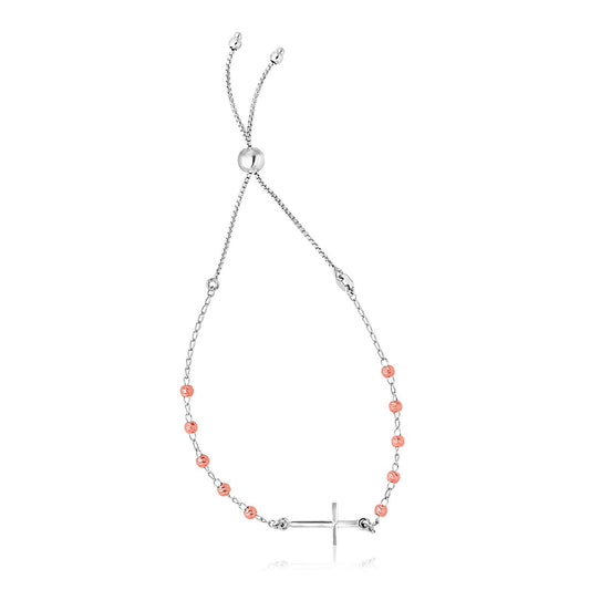 Sterling Silver White and Rose Finish Adjustable Bracelet with Cross by Avera Group
