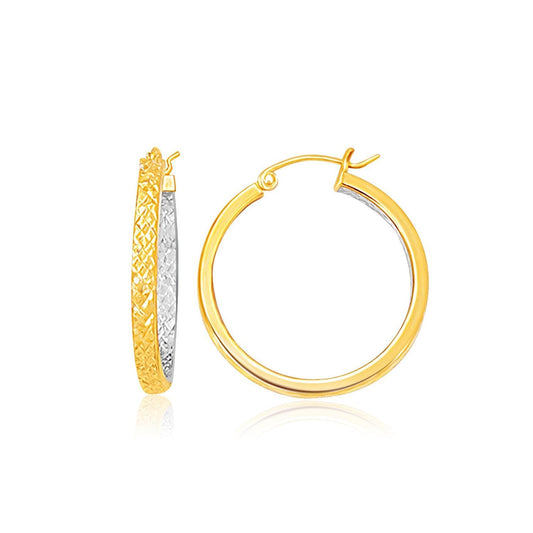 Two-Tone Yellow and White Gold Petite Patterned Hoop Earrings by Avera Group