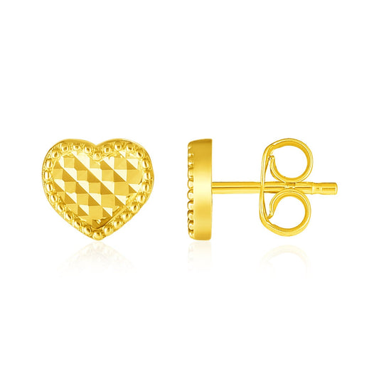 14k yellow gold textured heart stud earrings, 6.3mm by Avera Group