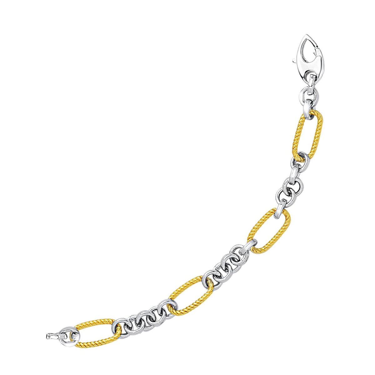 14k two-tone gold bracelet with cable-textured oval and round links by Avera Group
