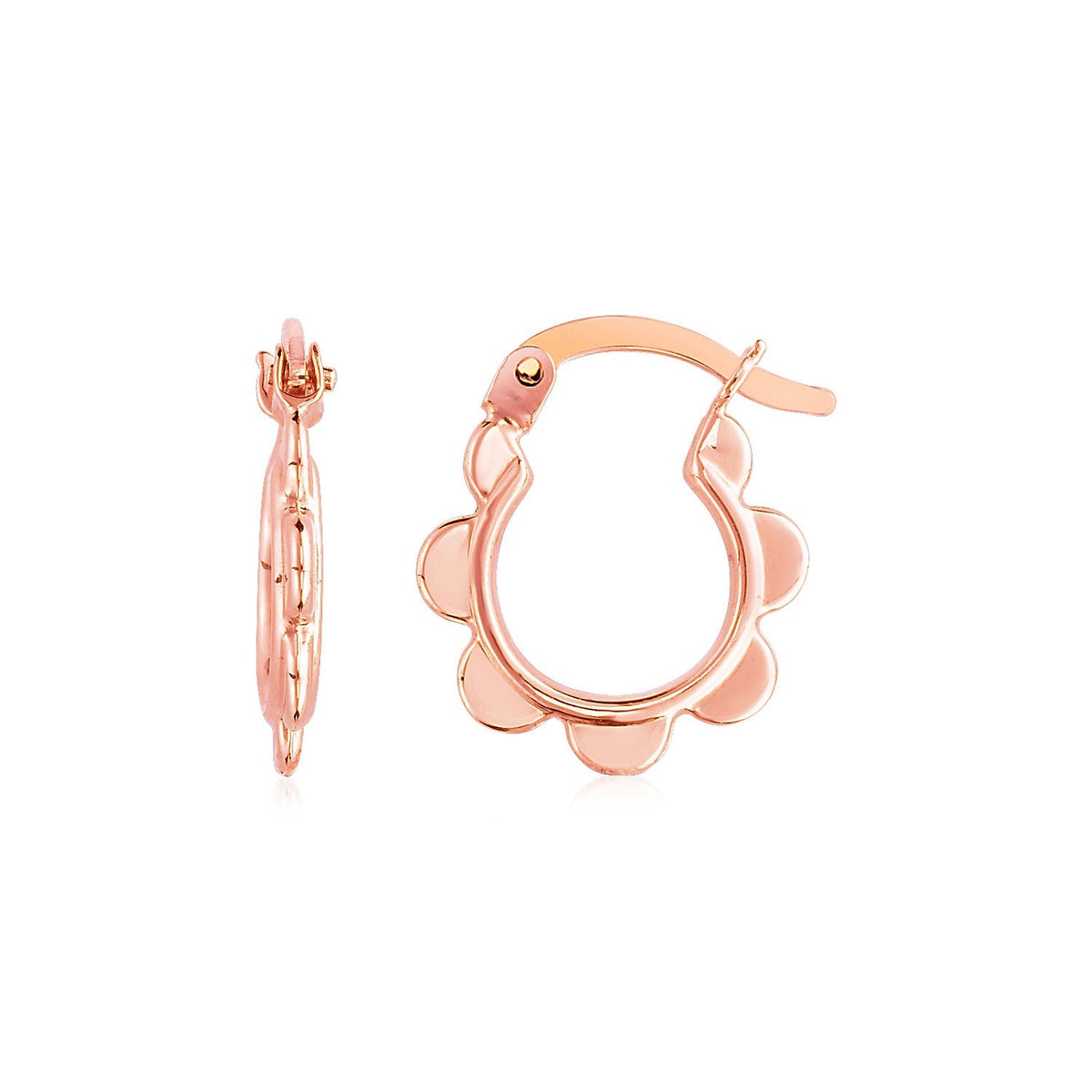 Scalloped petal hoop earrings in shiny 14k rose gold, hinged snap back, Avera Group
