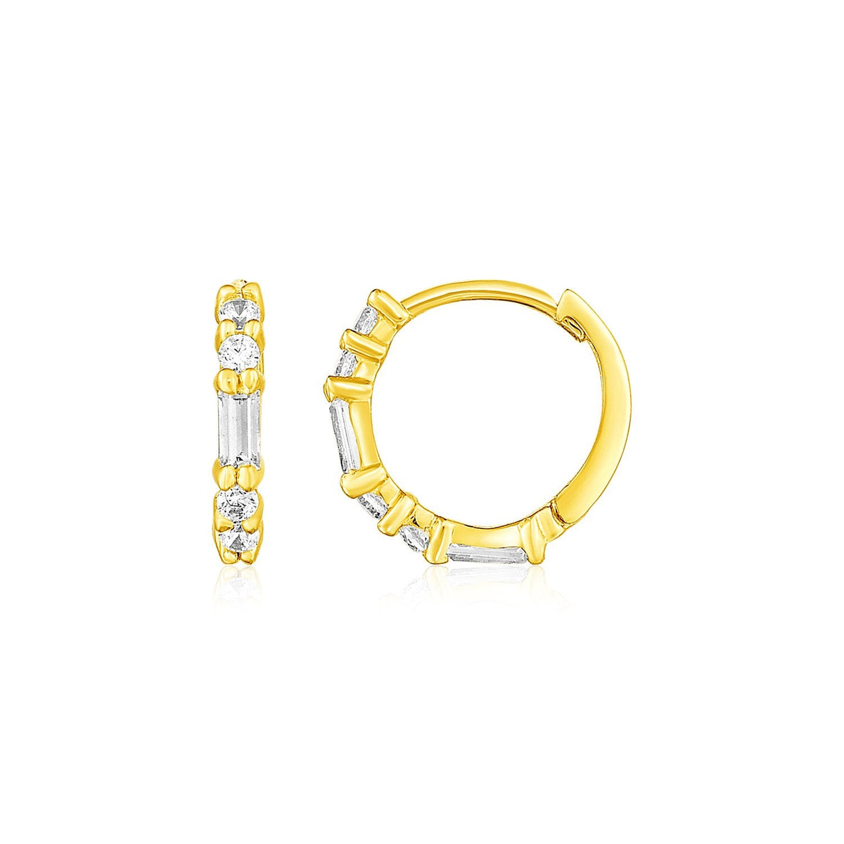 14k yellow gold 10.5mm petite hoops with baguette cubic zirconia by Avera Group