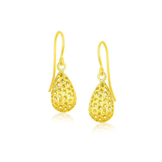 14k yellow gold teardrop drop earrings with honeycomb texture by Avera Group