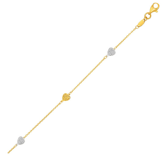 14k two-tone gold anklet with textured hearts by Avera Group