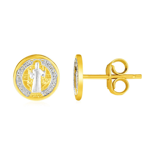 14k two-tone gold round religious medal post earrings by Avera Group