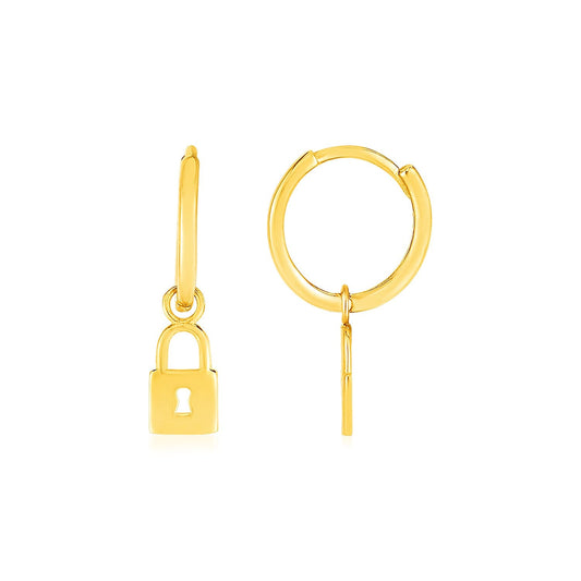 14k yellow gold huggie hoop earrings with padlock drops by Avera Group