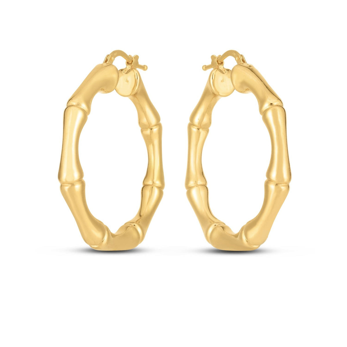 14k yellow gold large bamboo hoop earrings by Avera Group, view 2
