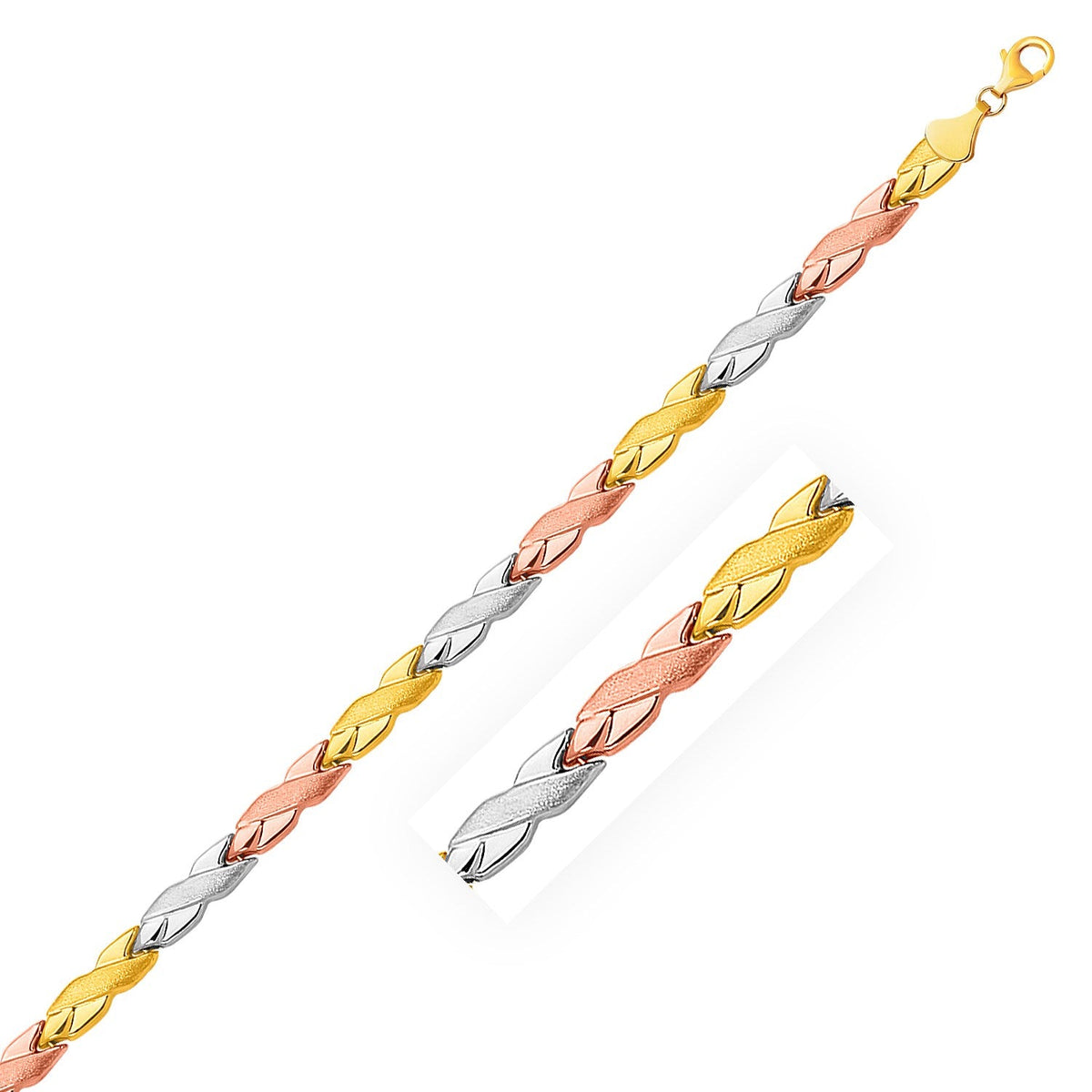 14k tri-color gold shiny and textured X link bracelet by Avera Group