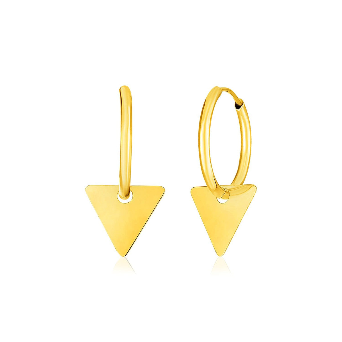 14k yellow gold hinged huggie hoops with triangle drops by Avera Group