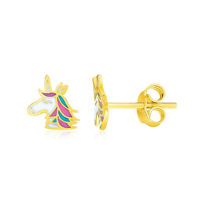 Children's 14k yellow gold enameled unicorn earrings by Avera Group