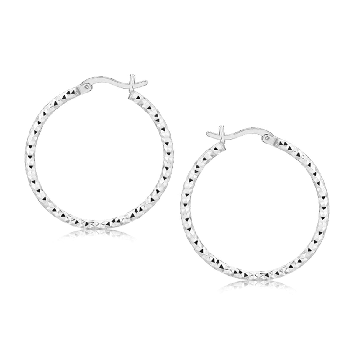 Sterling Silver Faceted Motif Hoop Earrings with Rhodium Plating by Avera Group