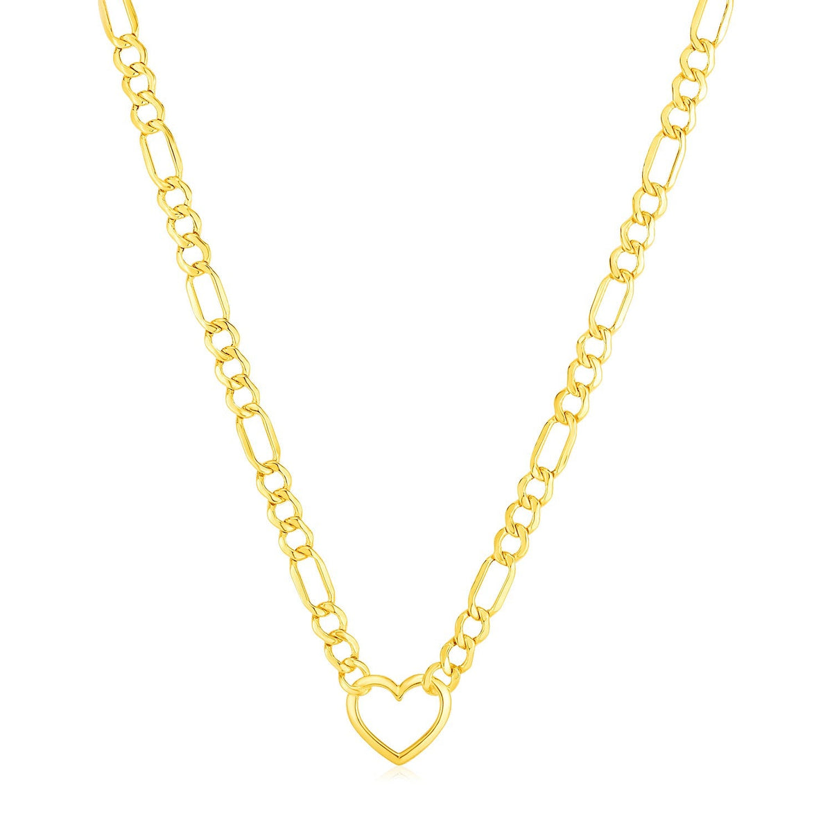 18 inch 14k yellow gold Figaro chain necklace with open heart by Avera Group
