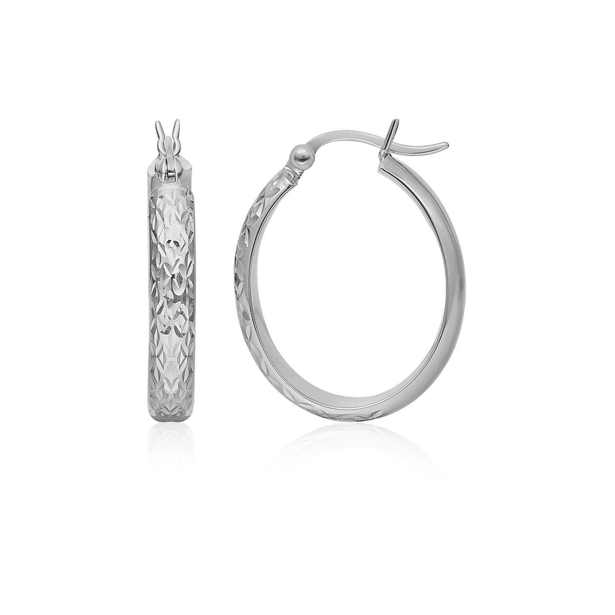 14k white gold hammered oval hoop earrings, Avera Group