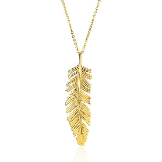 14k yellow gold textured feather pendant necklace by Avera Group