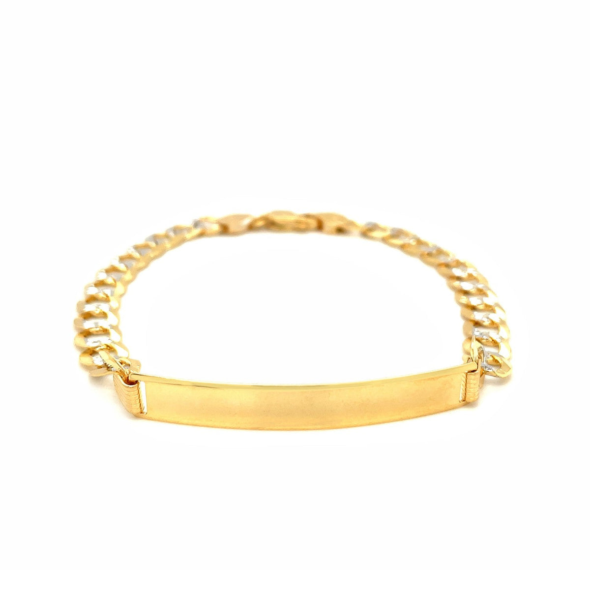 Men's narrow 14k two-tone gold curb ID bracelet with white pave by Avera Group, view 2