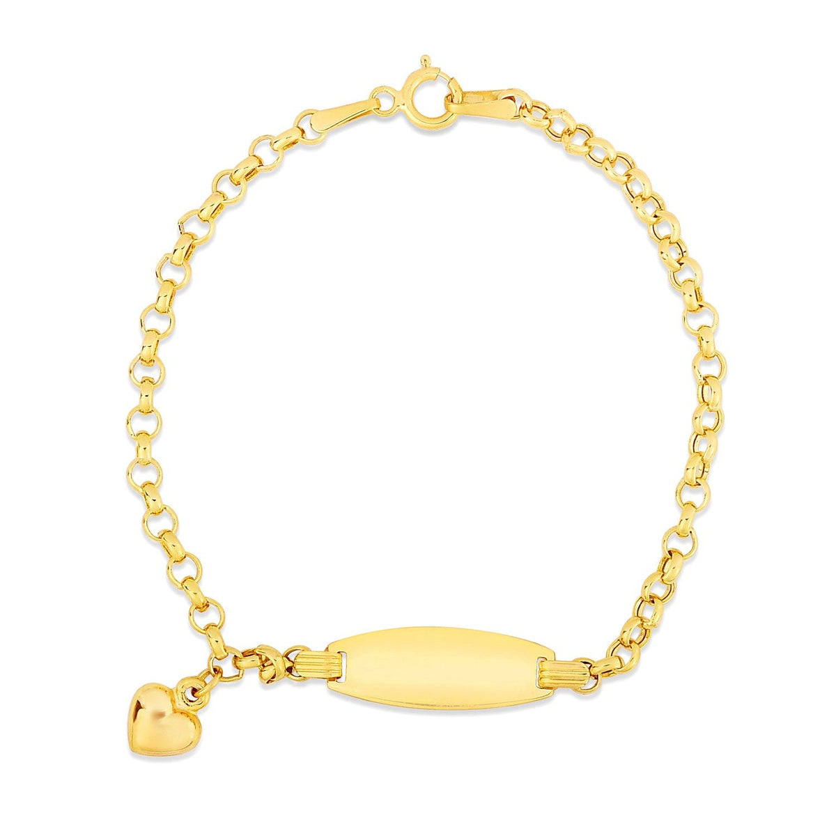14k yellow gold children's cable chain ID bracelet with puffed heart charm by Avera Group, view 2