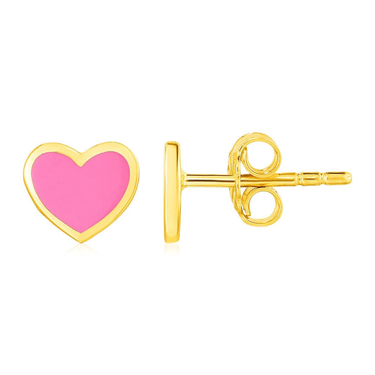 14k yellow gold and pink enamel heart stud earrings by Avera Group