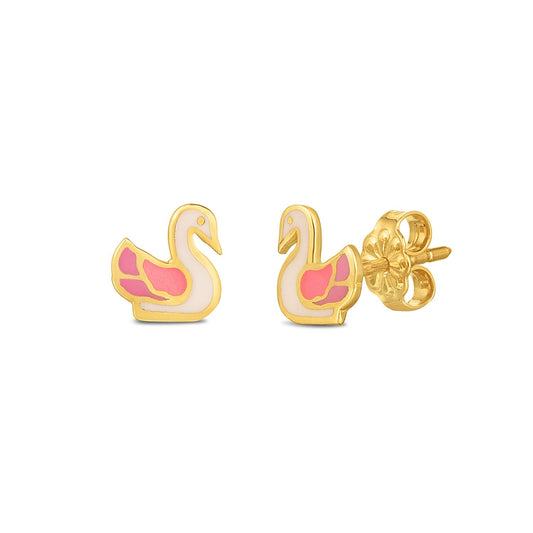 14k yellow gold enamel swan stud earrings by Avera Group