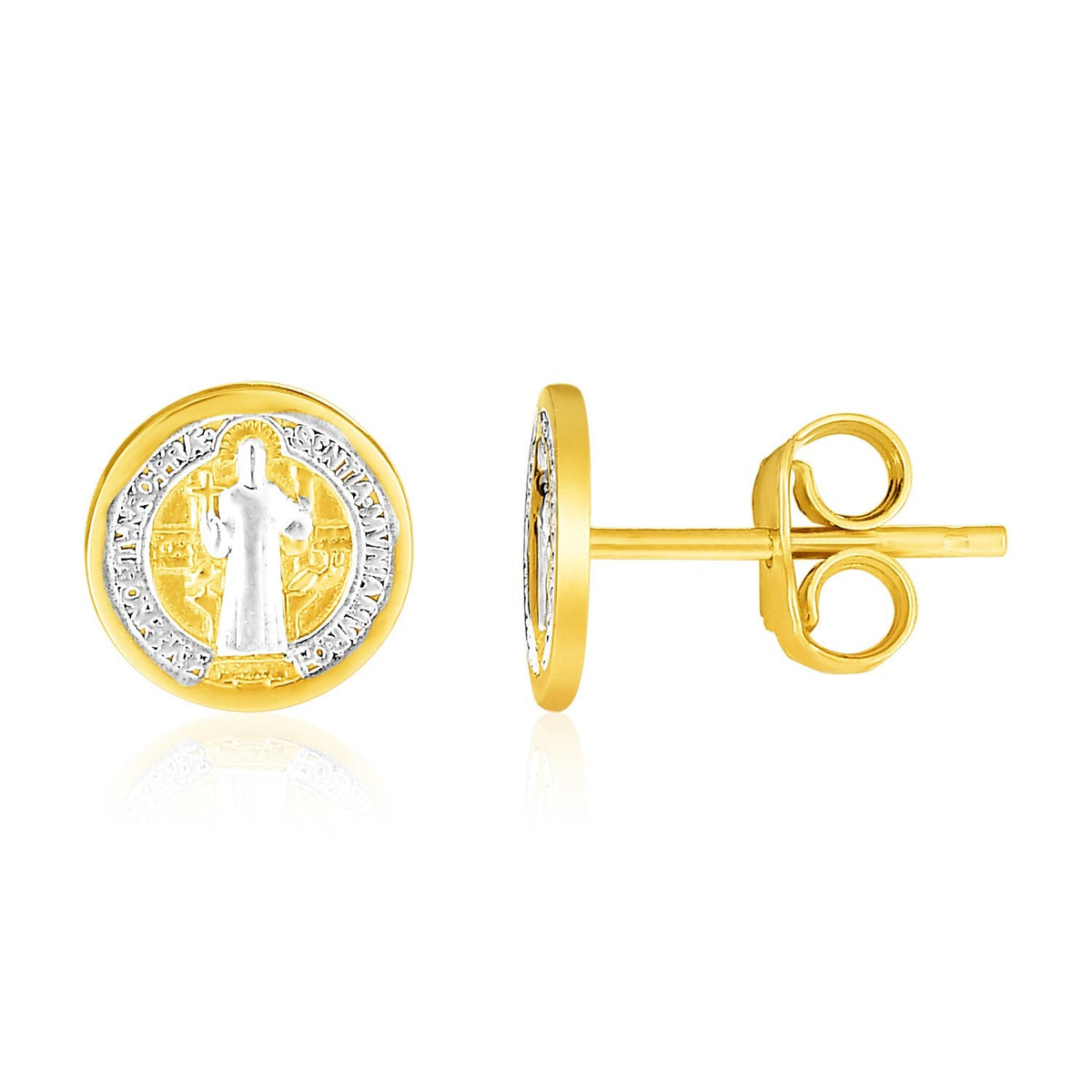 14k two-tone gold round religious medallion post earrings by Avera Group
