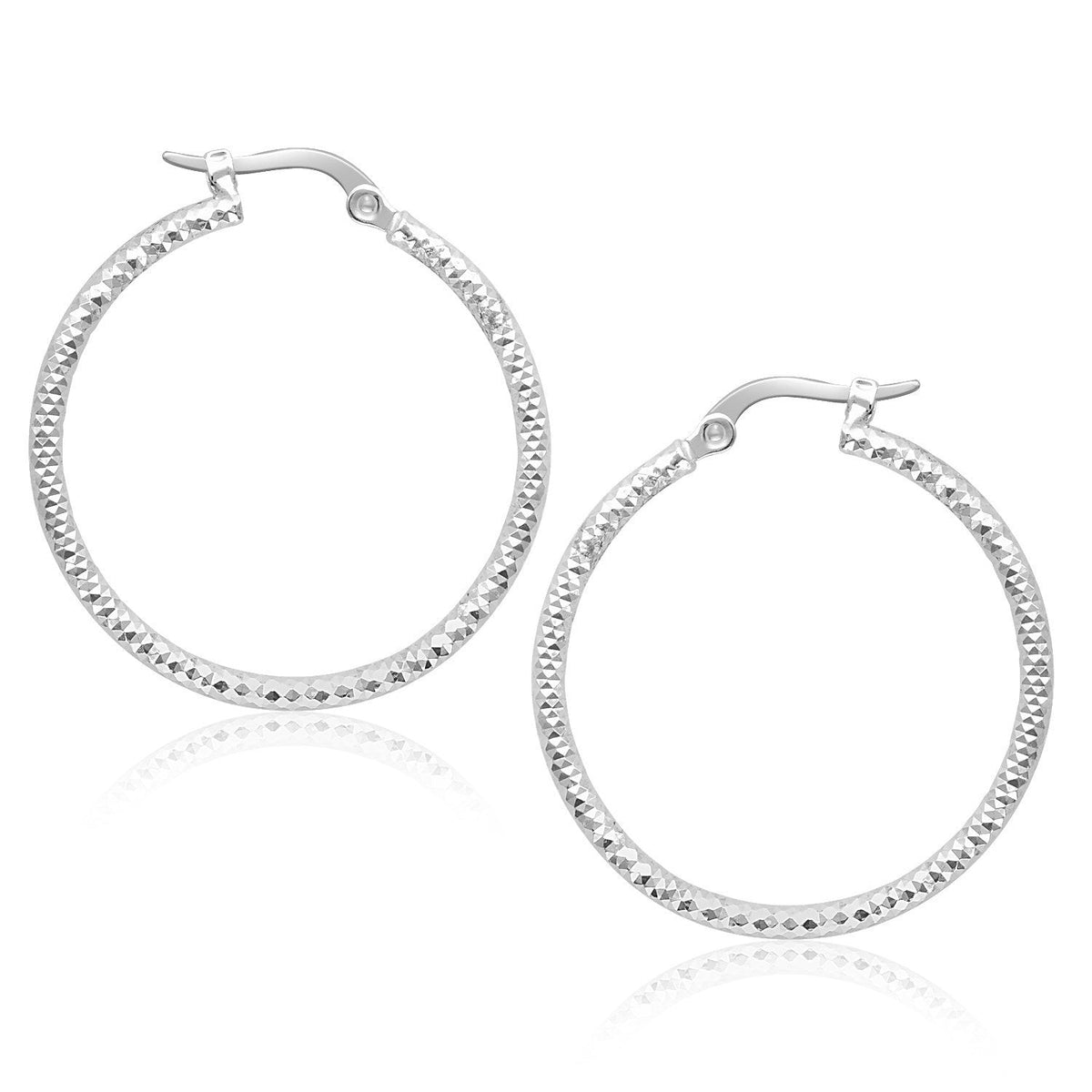 14k white gold textured tube hoop earrings, 25mm, by Avera Group