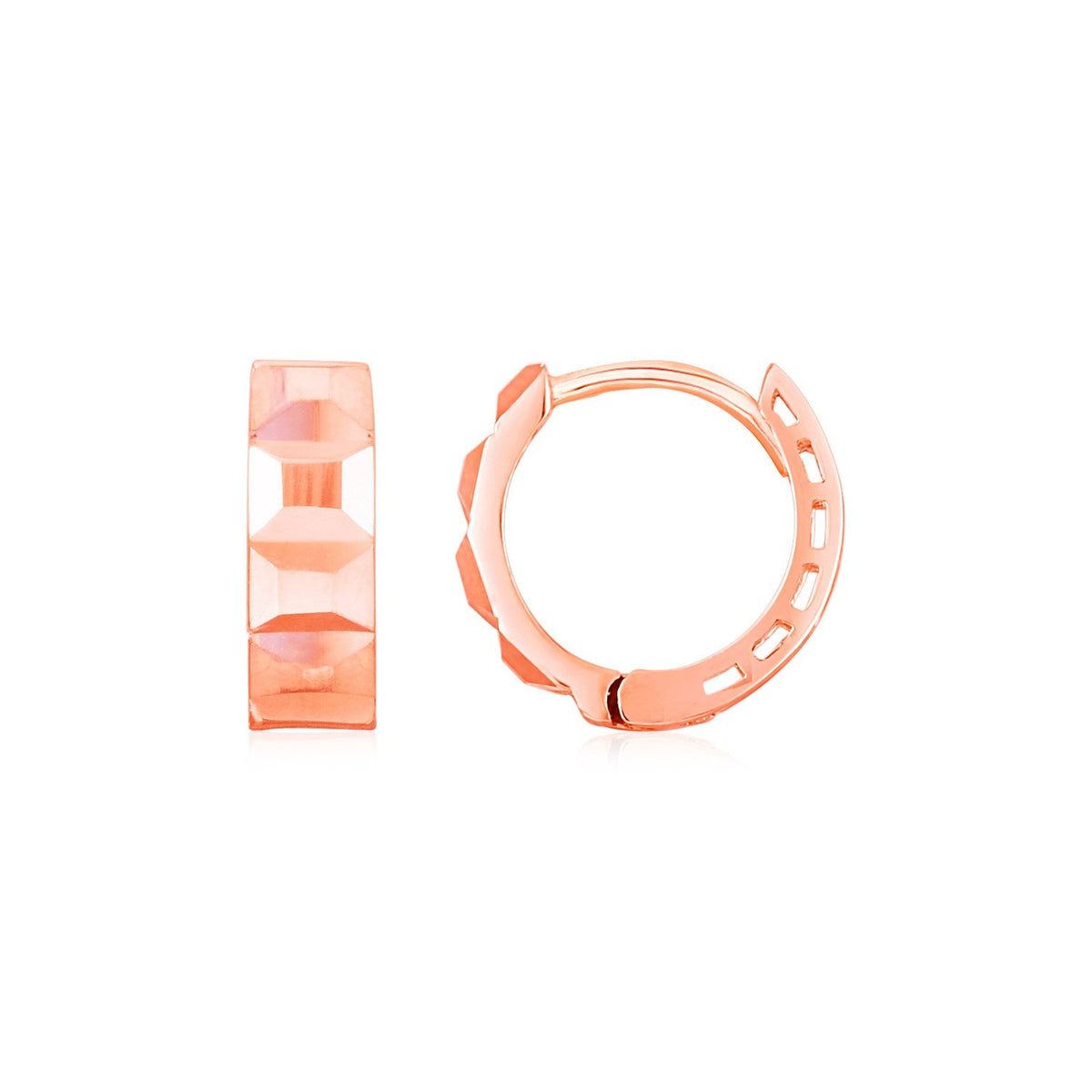 14k rose gold square motif faceted huggie earrings by Avera Group