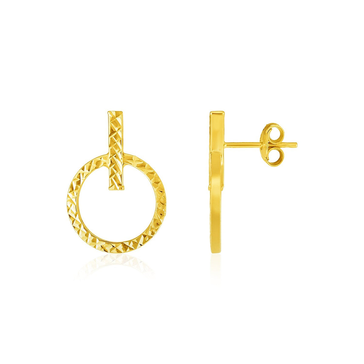 14k yellow gold textured circle and bar post earrings by Avera Group