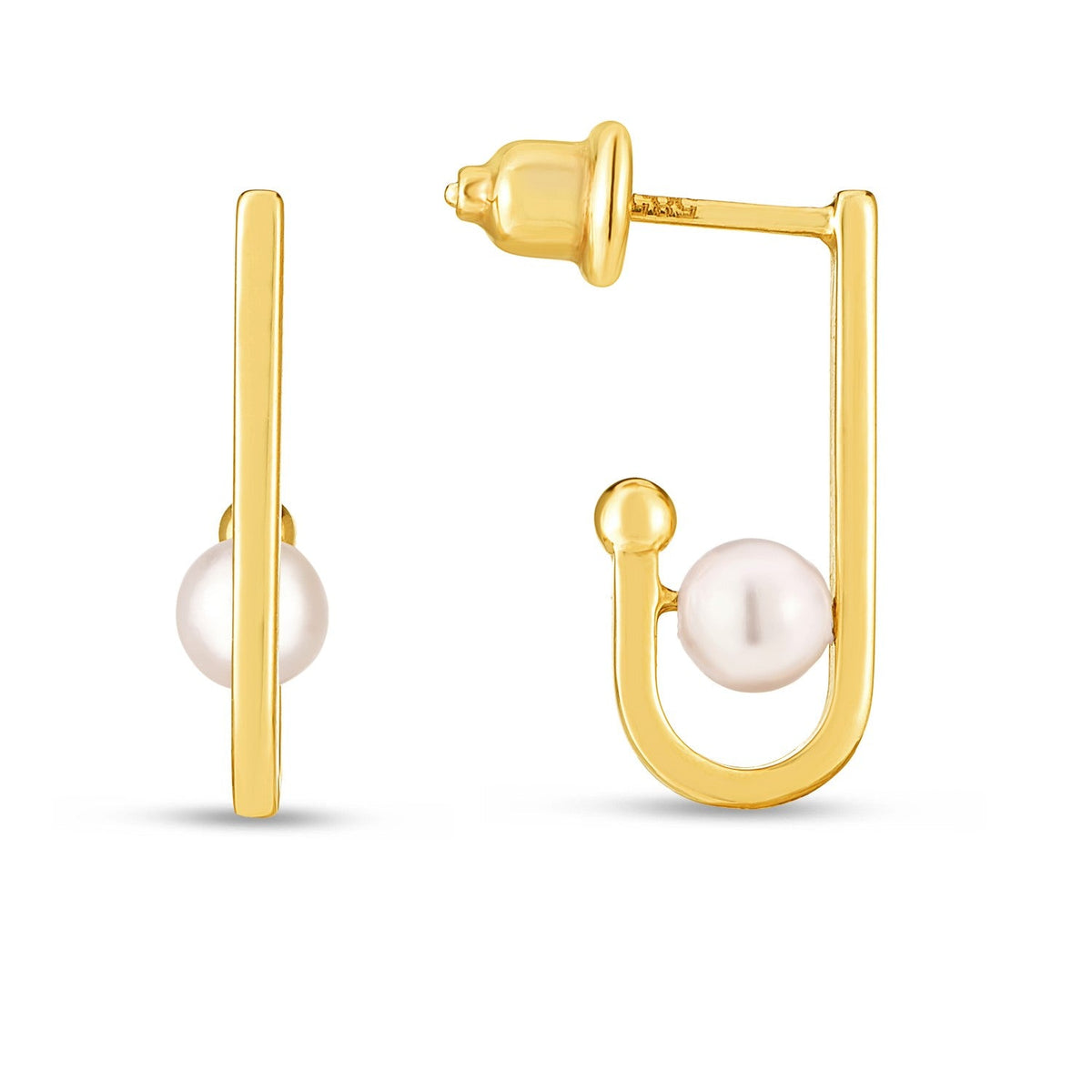 14k yellow gold J hoop huggie earrings with pearls by Avera Group