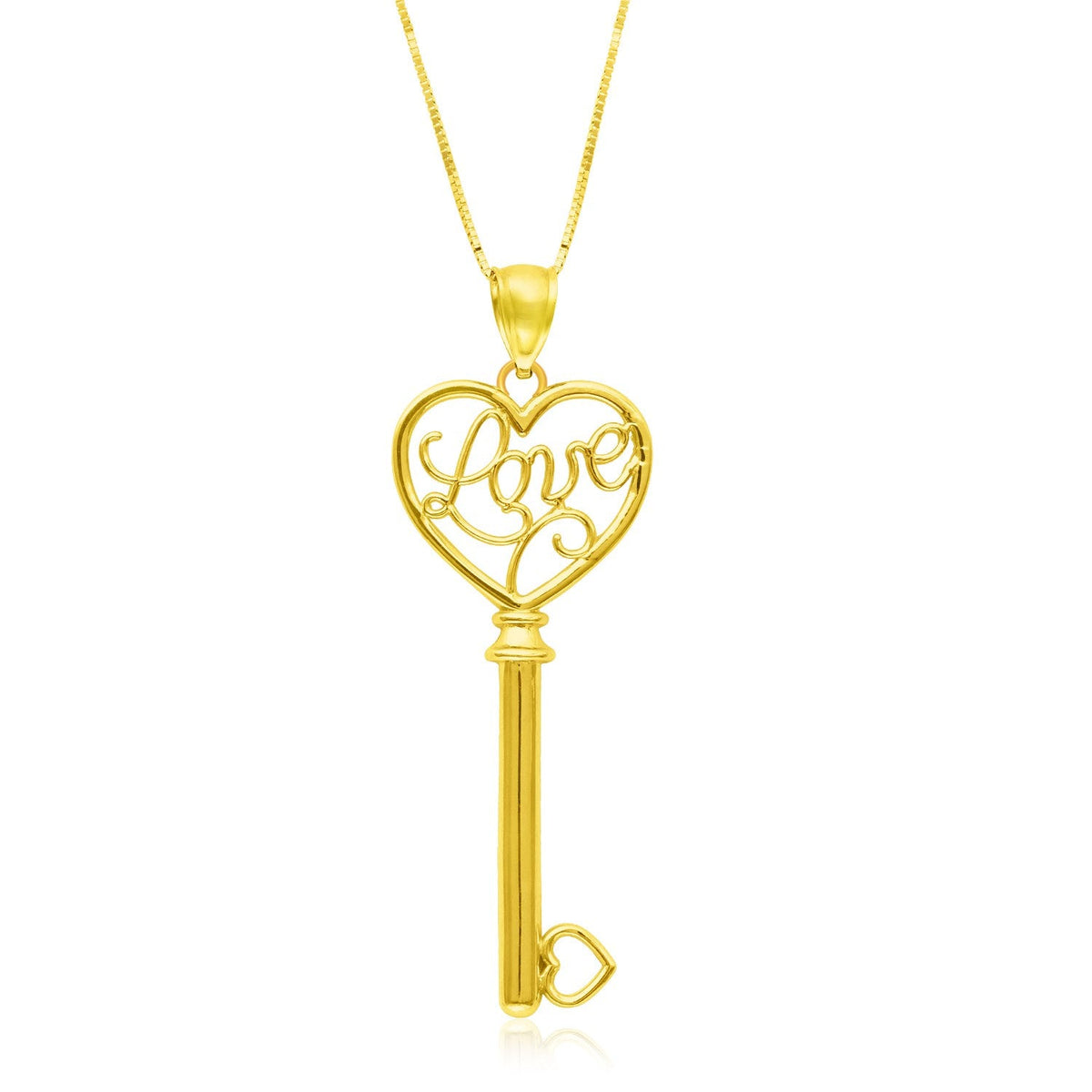 14k yellow gold skeleton key LOVE pendant with heart details by Avera Group
