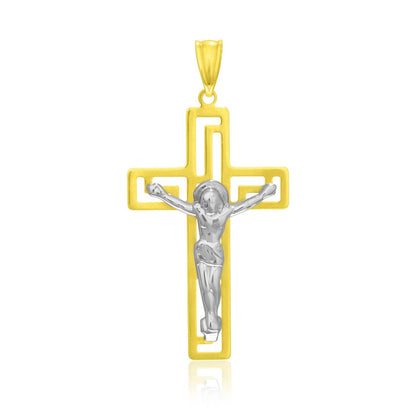 14k two-tone gold cross with figure pendant by Avera Group
