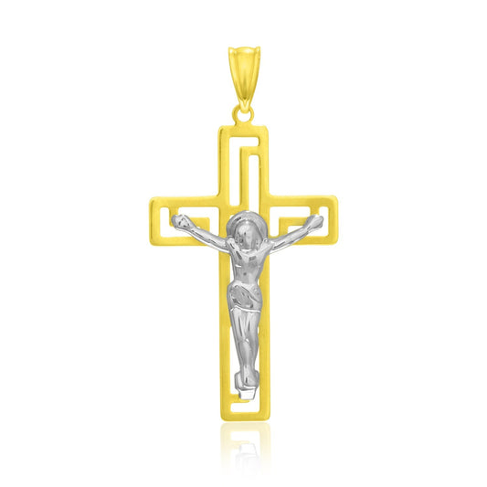 14k two-tone gold crucifix pendant with cutout detail, 1.5 inch, by Avera Group